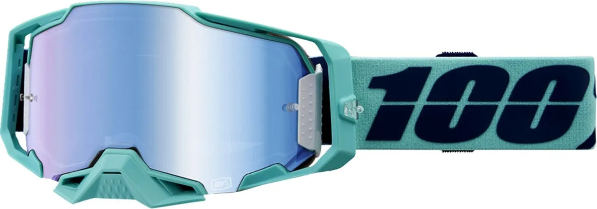 Masque motocross 100% Armega bleu canard écran miroir bleu vue de profil