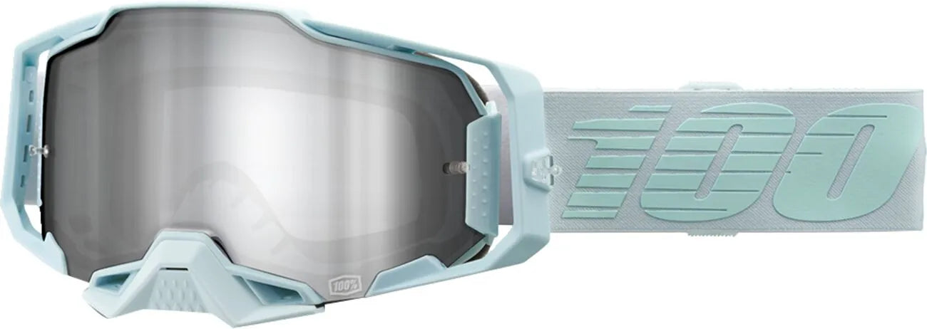 Masque motocross 100% Armega gris clair écran miroir argent vue de profil
