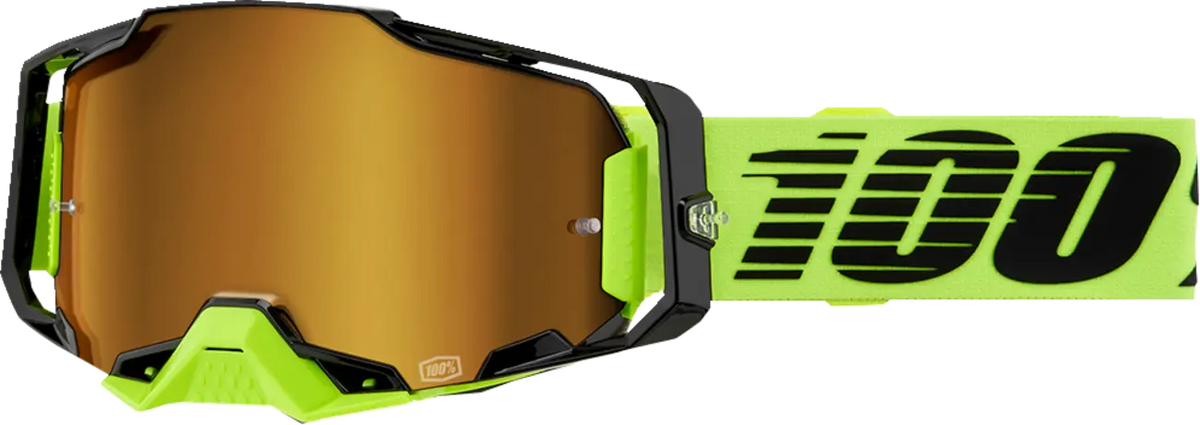 Masque motocross 100% Armega jaune fluo écran miroir or vue de profil