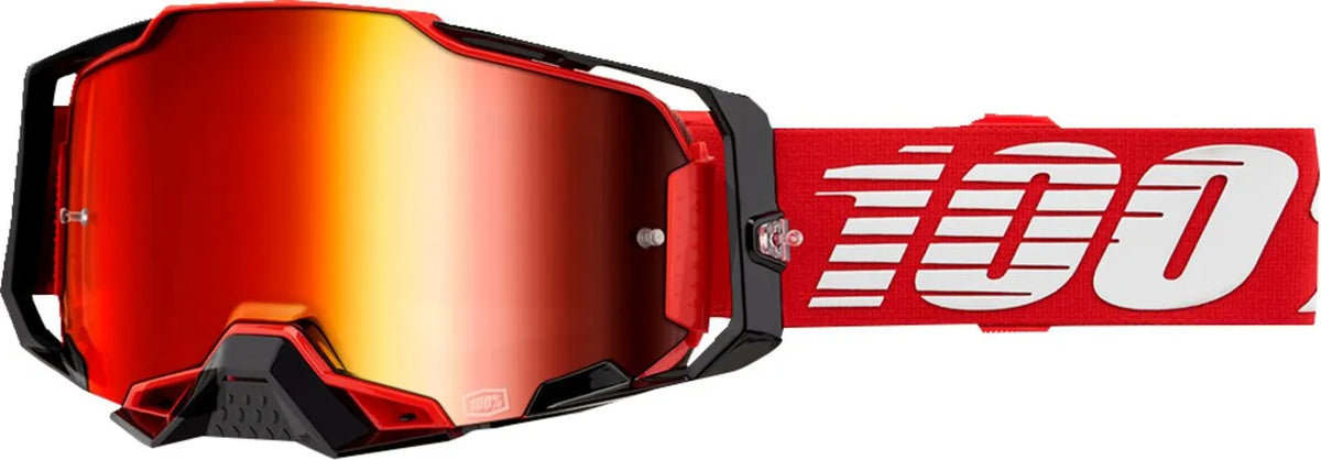 Masque motocross 100% Armega rouge écran miroir rouge vue de profil