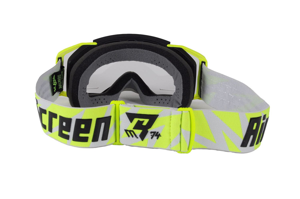Masque AirScreen Aero EX Mario Roman #74 Signature jaune fluo gris enduro écran ouvrant anti-buée – vue face