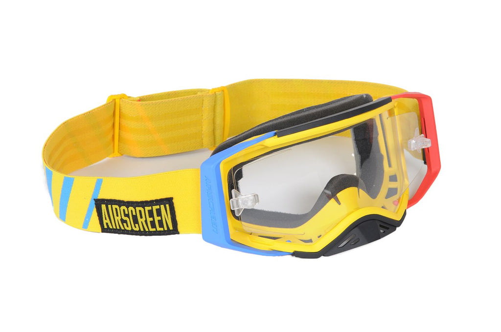 Masque AirScreen Aero EX Romanian Edition jaune bleu rouge enduro écran ouvrant anti-buée – vue trois quarts
