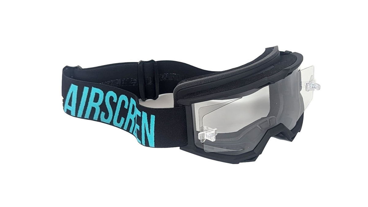 Masque AirScreen Lite EX 02 noir turquoise enduro écran ouvrant anti-buée – vue trois quarts