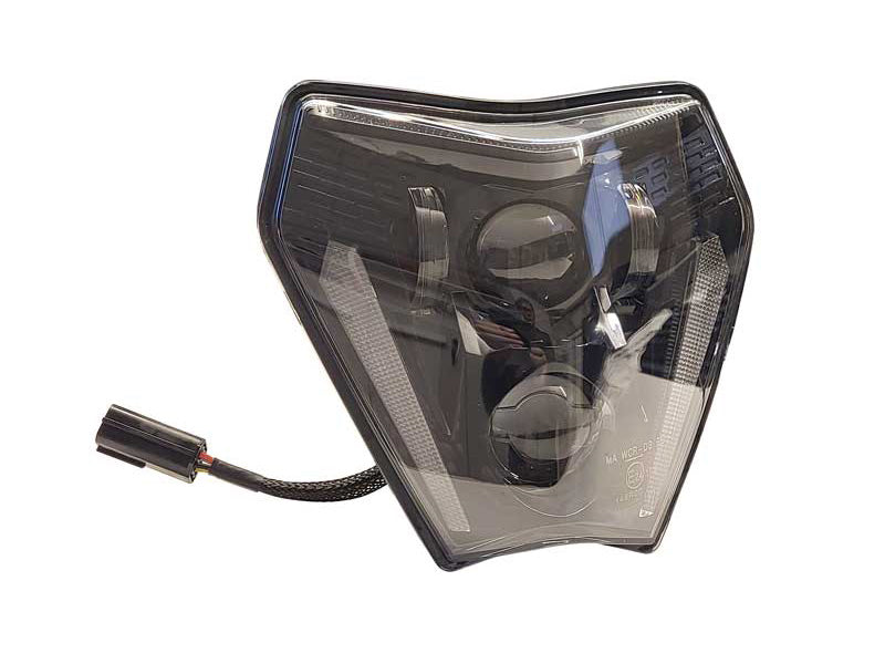 Optique LED homologuée Rtech réf. R-FAROKTM0024 pour masque avant KTM EXC 2024-2026, vue de face avec connecteur
