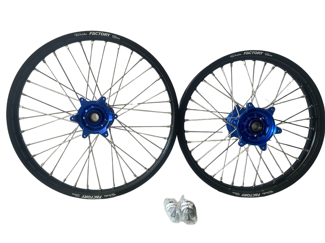 Paire de roues Factory Wheels noir bleu pour KTM Husqvarna GasGas enduro motocross 21x1.60 18x2.15
