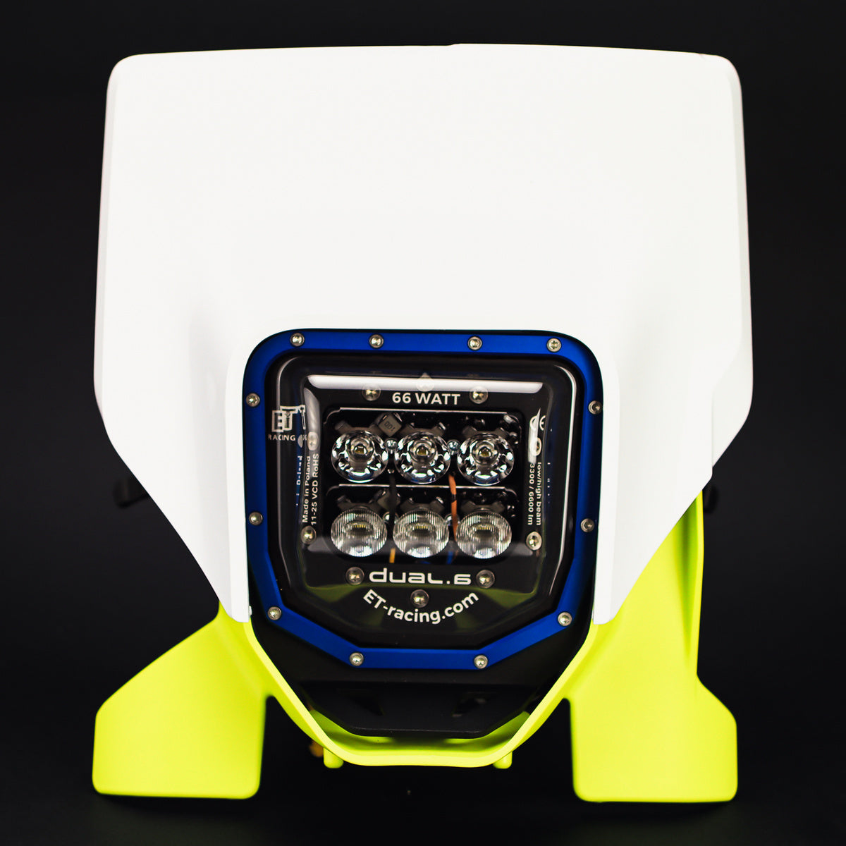 Plaque phare LED ET Racing Dual 6 noire montée sur la plaque phare Husqvarna TE FE 2024 à 2027