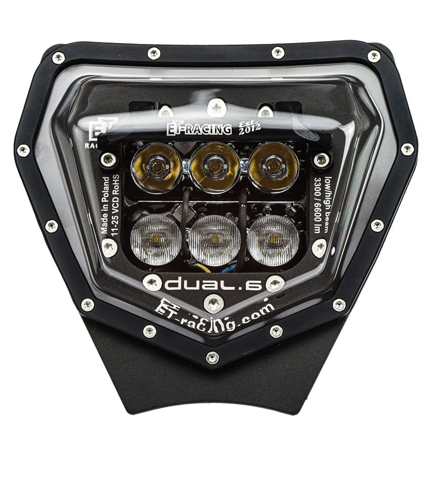 Plaque phare LED ET Racing Dual 6 noire compatible KTM EXC EXC-F XC XC-F 150 à 500 2024 à 2027 injection TBI et EFI