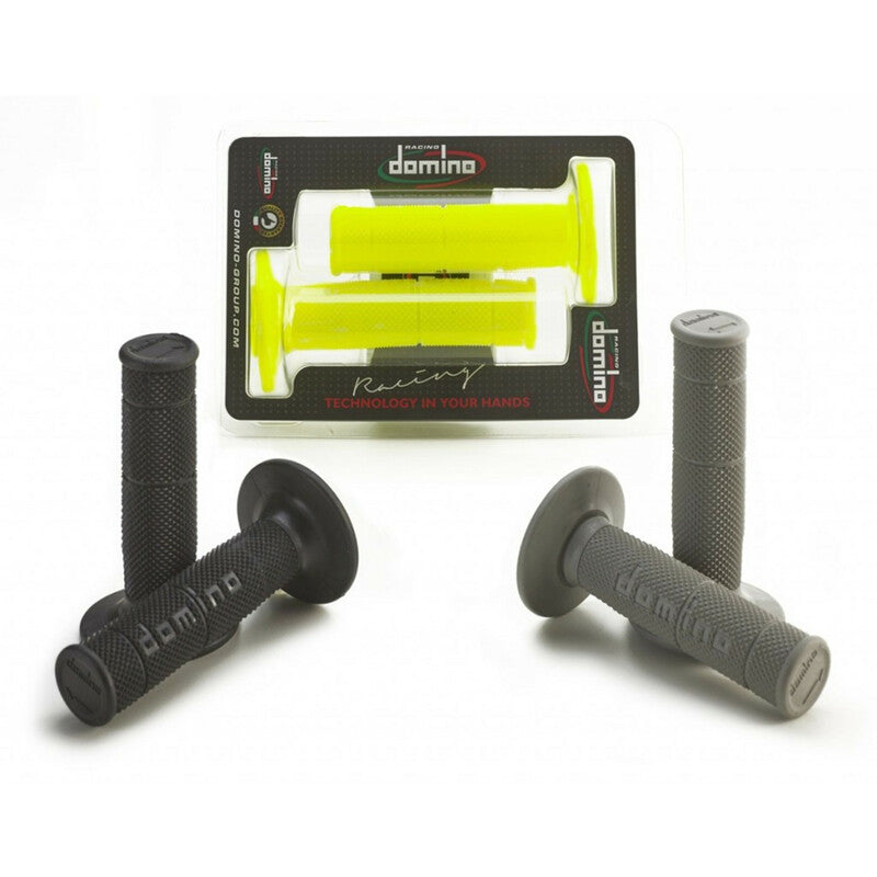 Poignées Domino cross enduro sans gauffrage noir gris jaune grip souple motocross enduro