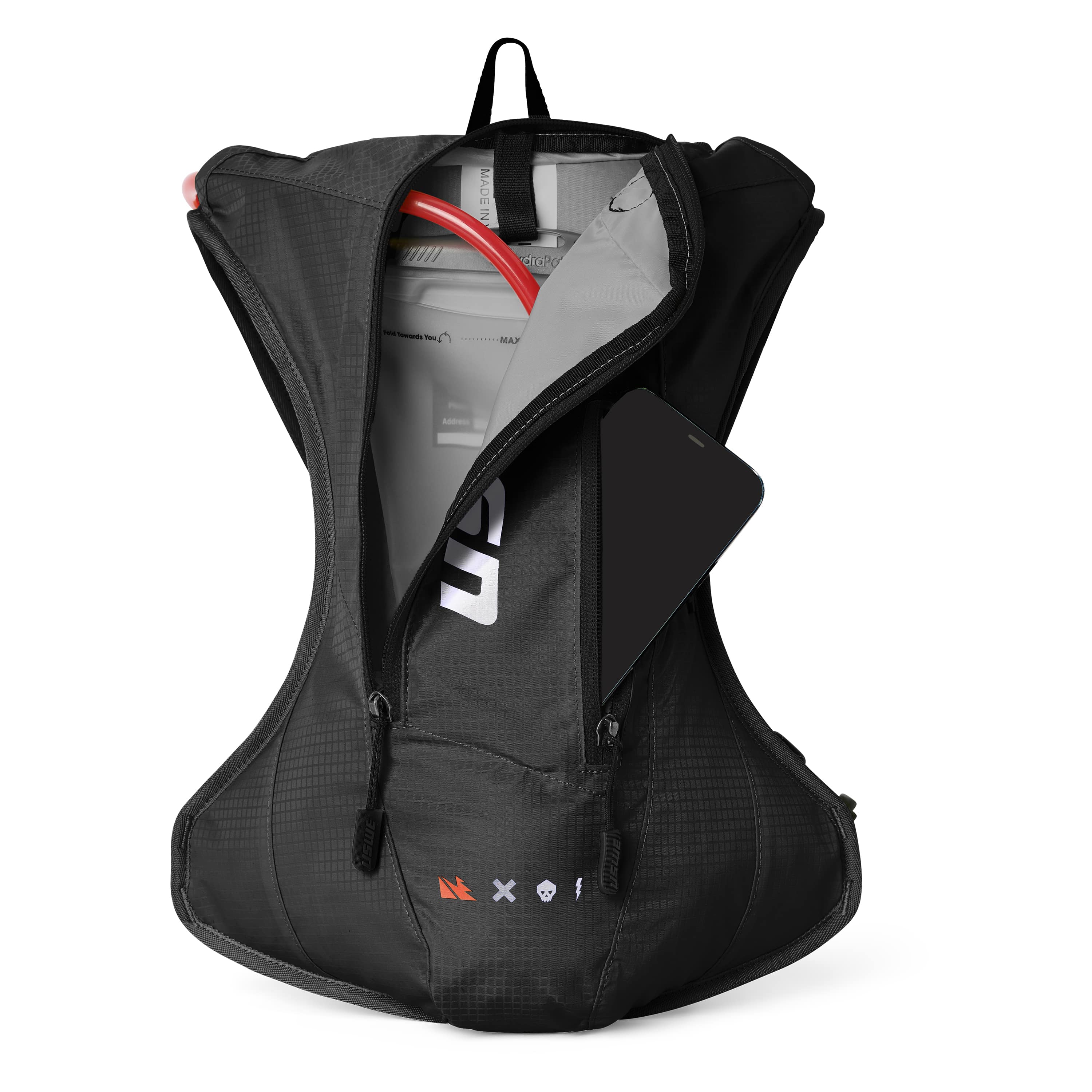 Sac d’hydratation USWE OUTLANDER 4L Moto noir pour enduro hard enduro rallye et motocross poche ouverte