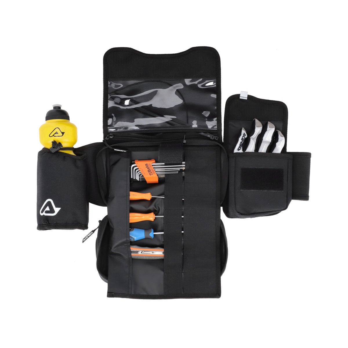 Sacoche banane Impact Acerbis ouverte et équipée d'outils