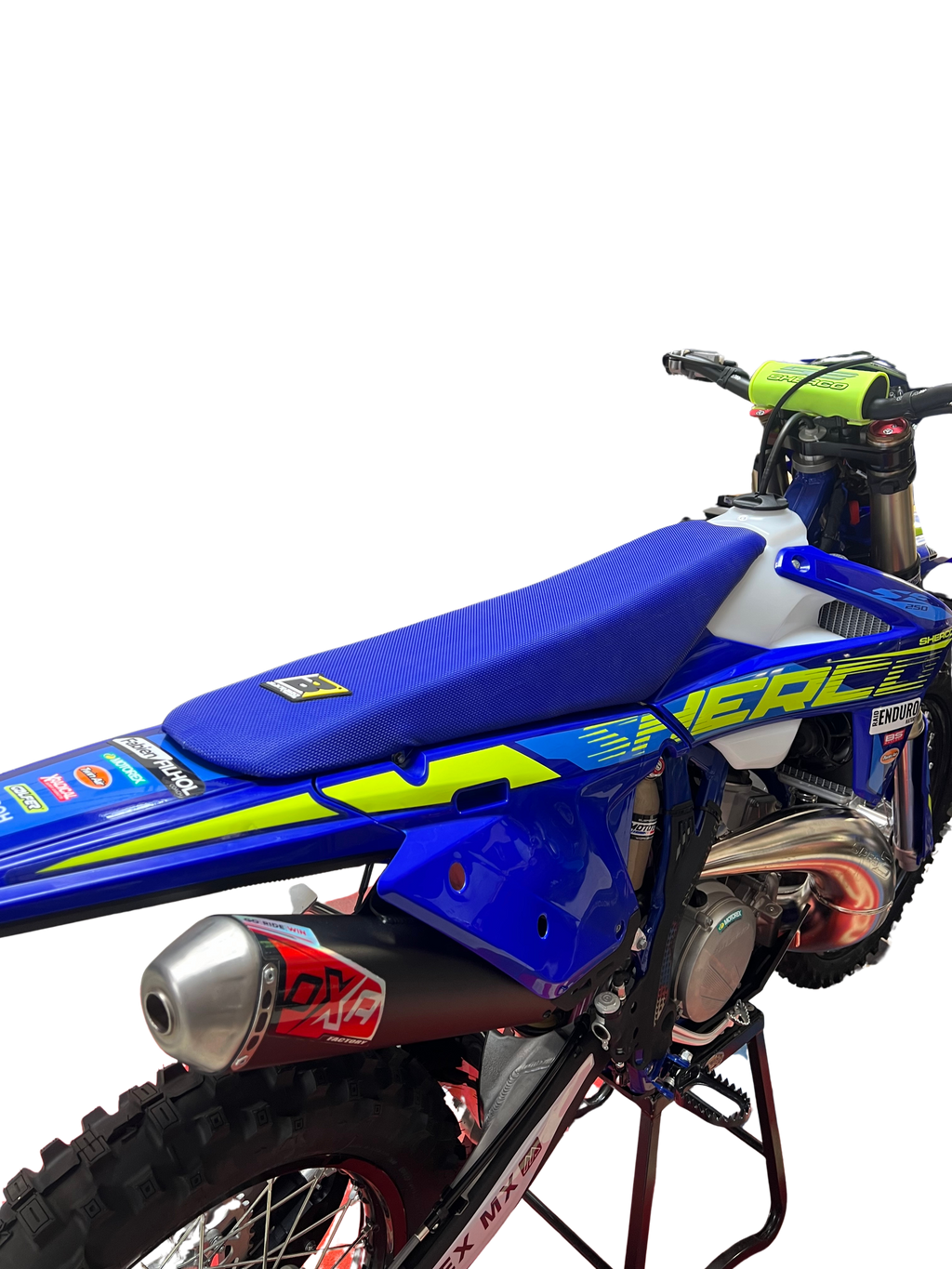 Selle haute Sherco enduro avec housse noir bleu blanc SE SEF 250 300 450 500 confort pilote 2014 à 2027