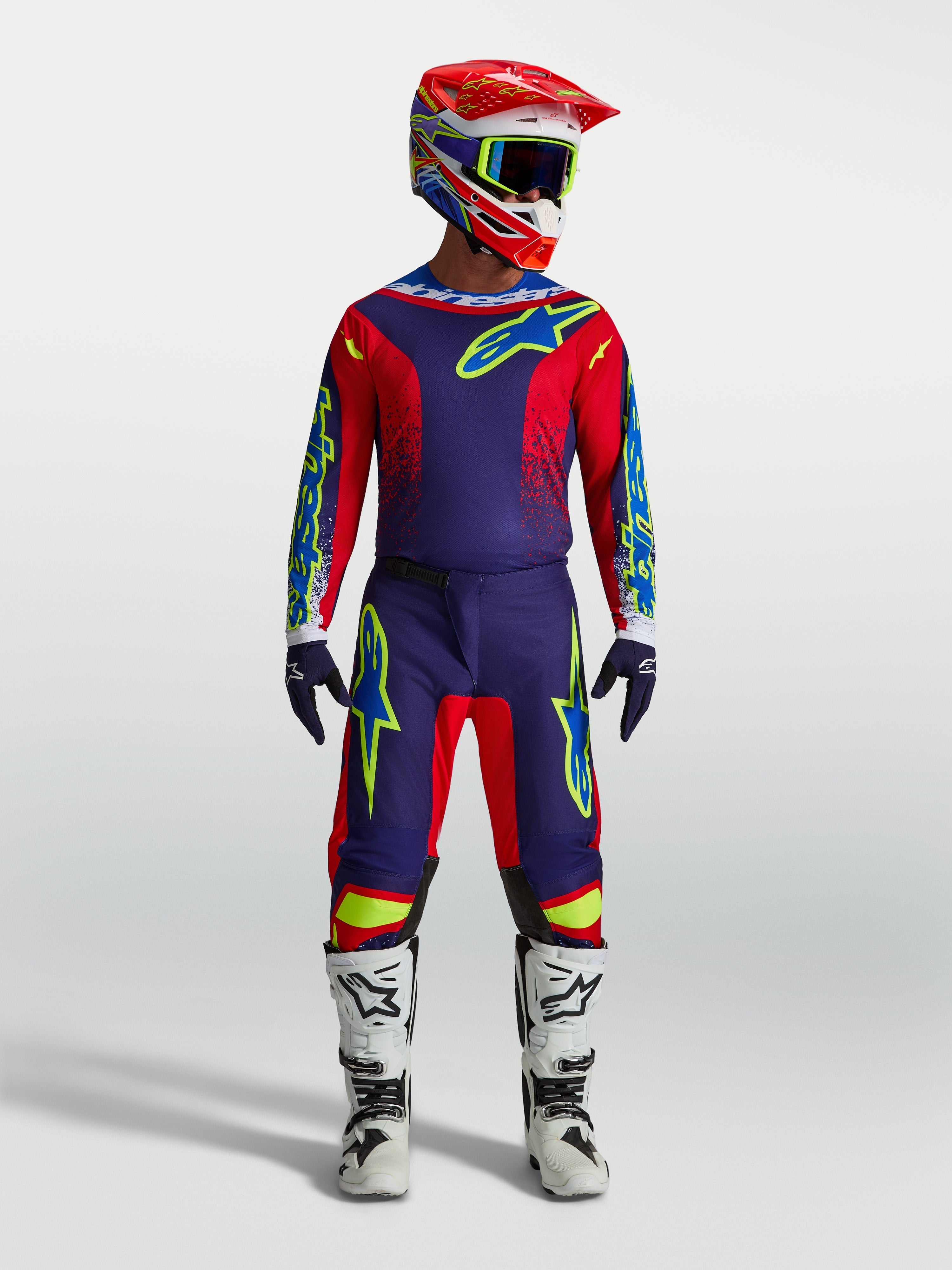 Tenue cross complète Alpinestars Fluid Drag bleu marine et rouge vue d'ensemble