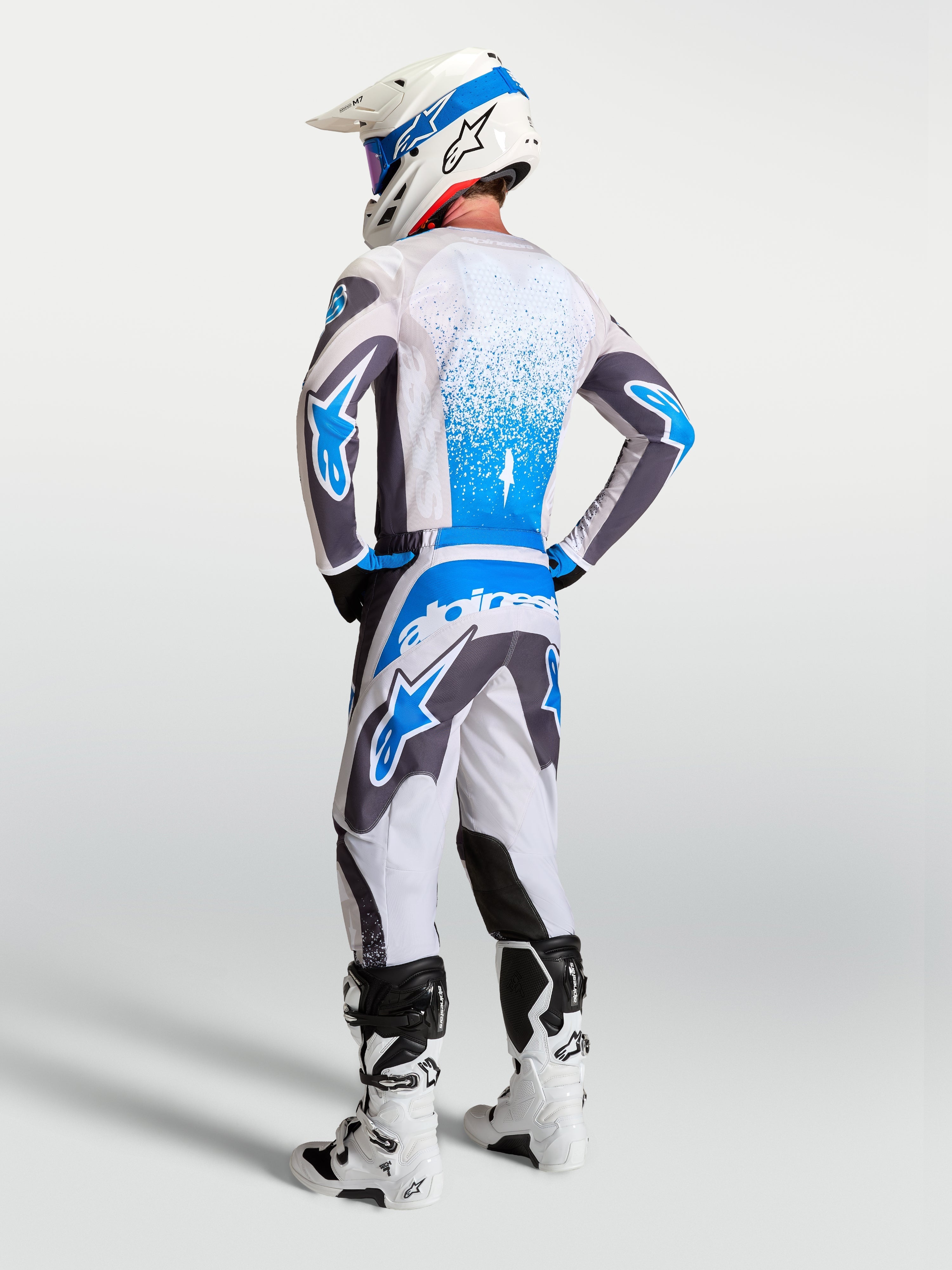 Tenue cross Alpinestars Fluid Drag gris bleu vue de dos