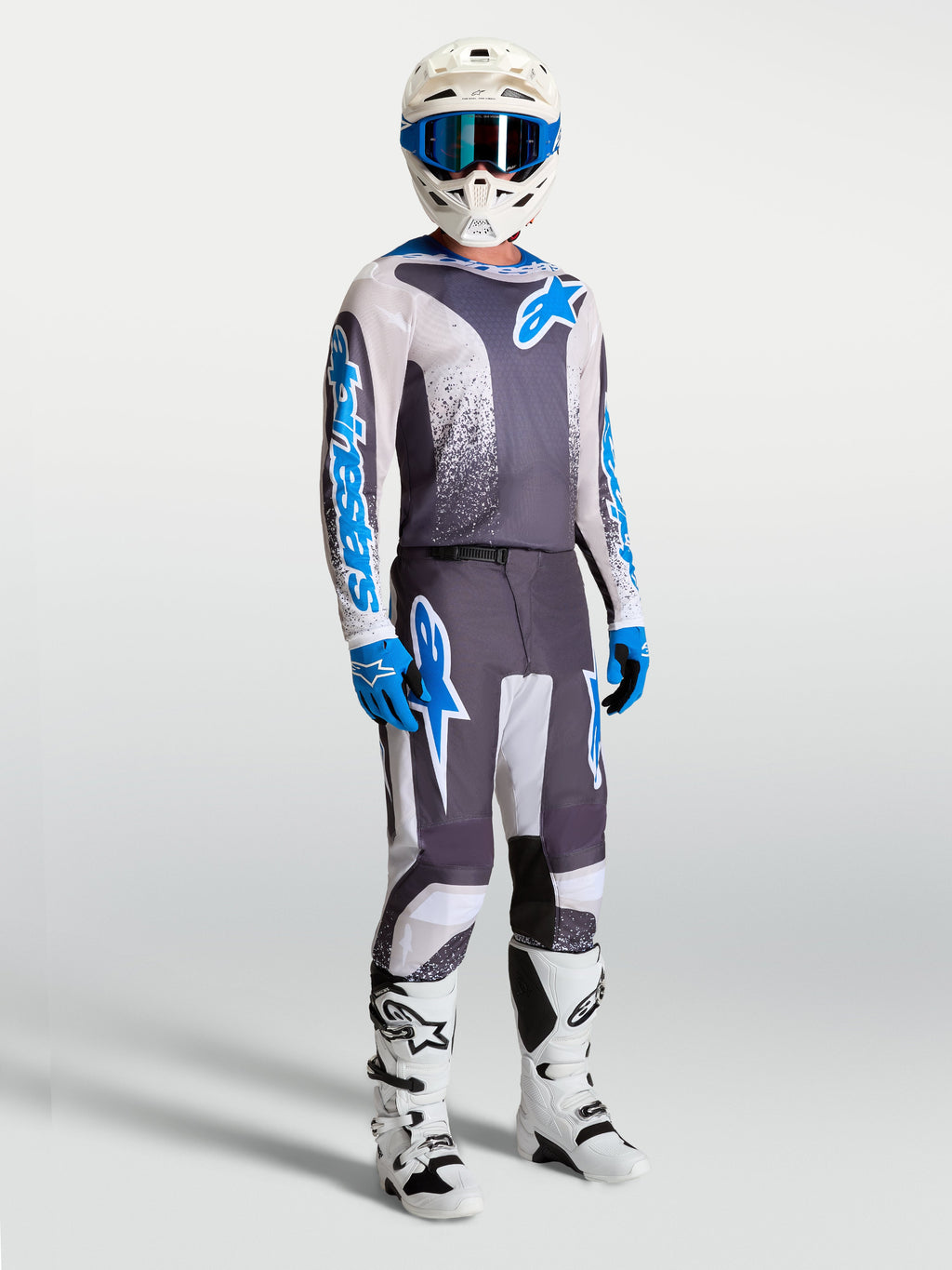 Tenue cross Alpinestars Fluid Drag gris bleu vue de face