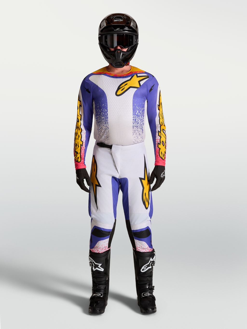 Tenue cross complète Alpinestars Fluid Drag lilas bleu iris doré vue d'ensemble