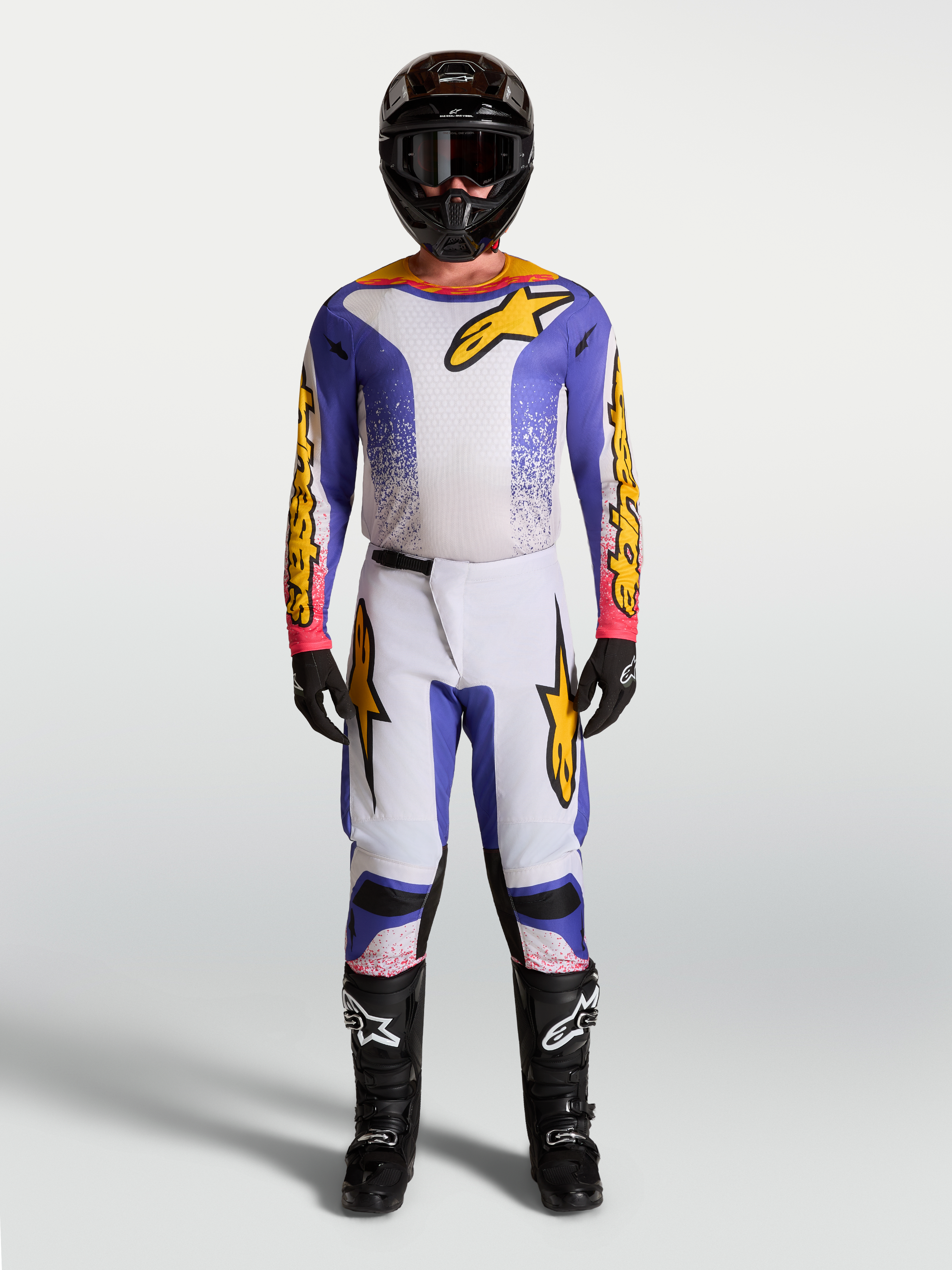 Tenue cross complète Alpinestars Fluid Drag lilas bleu iris doré vue d'ensemble