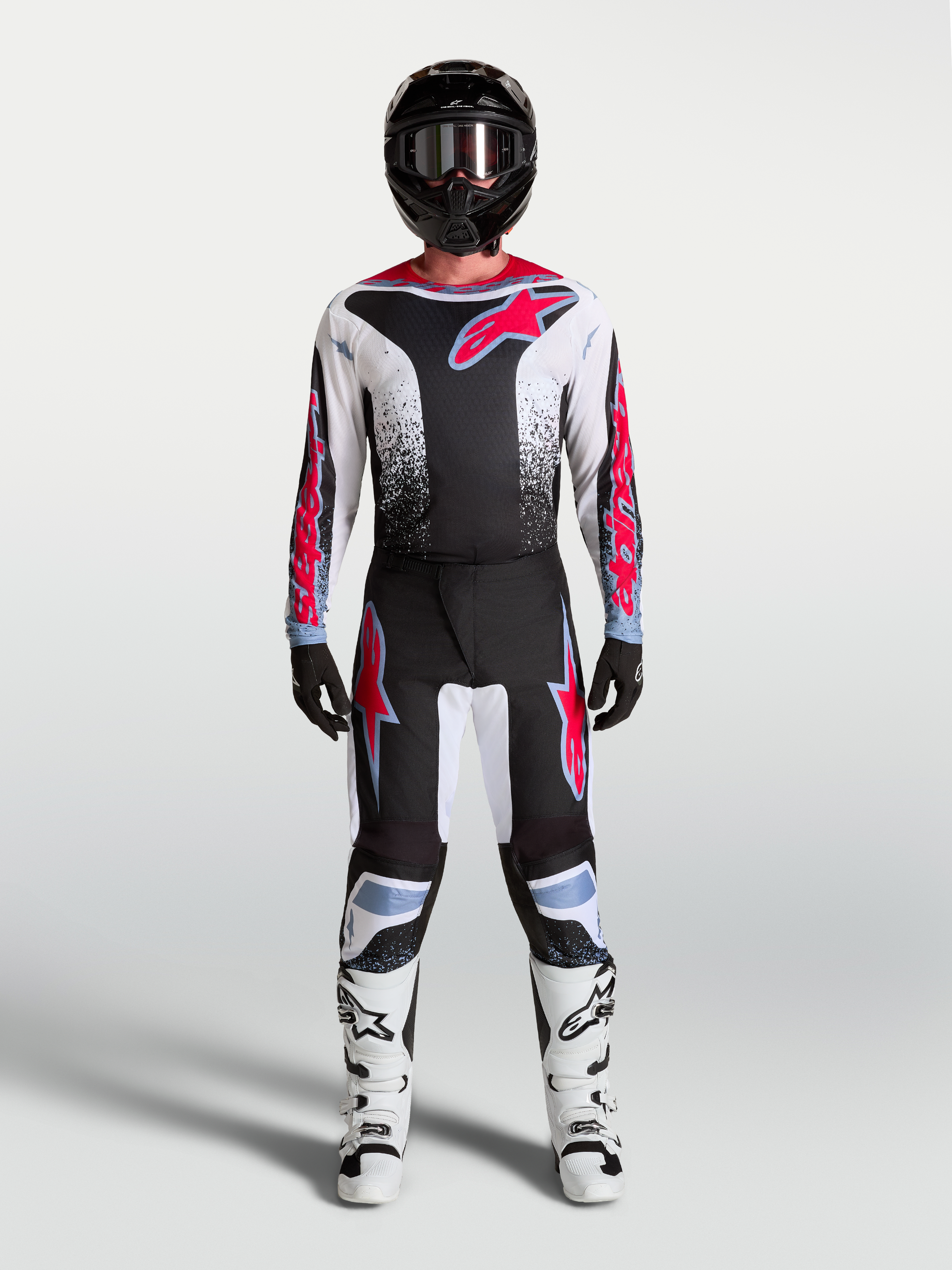 Tenue cross complète Alpinestars Fluid Drag noir blanc rouge vue d'ensemble