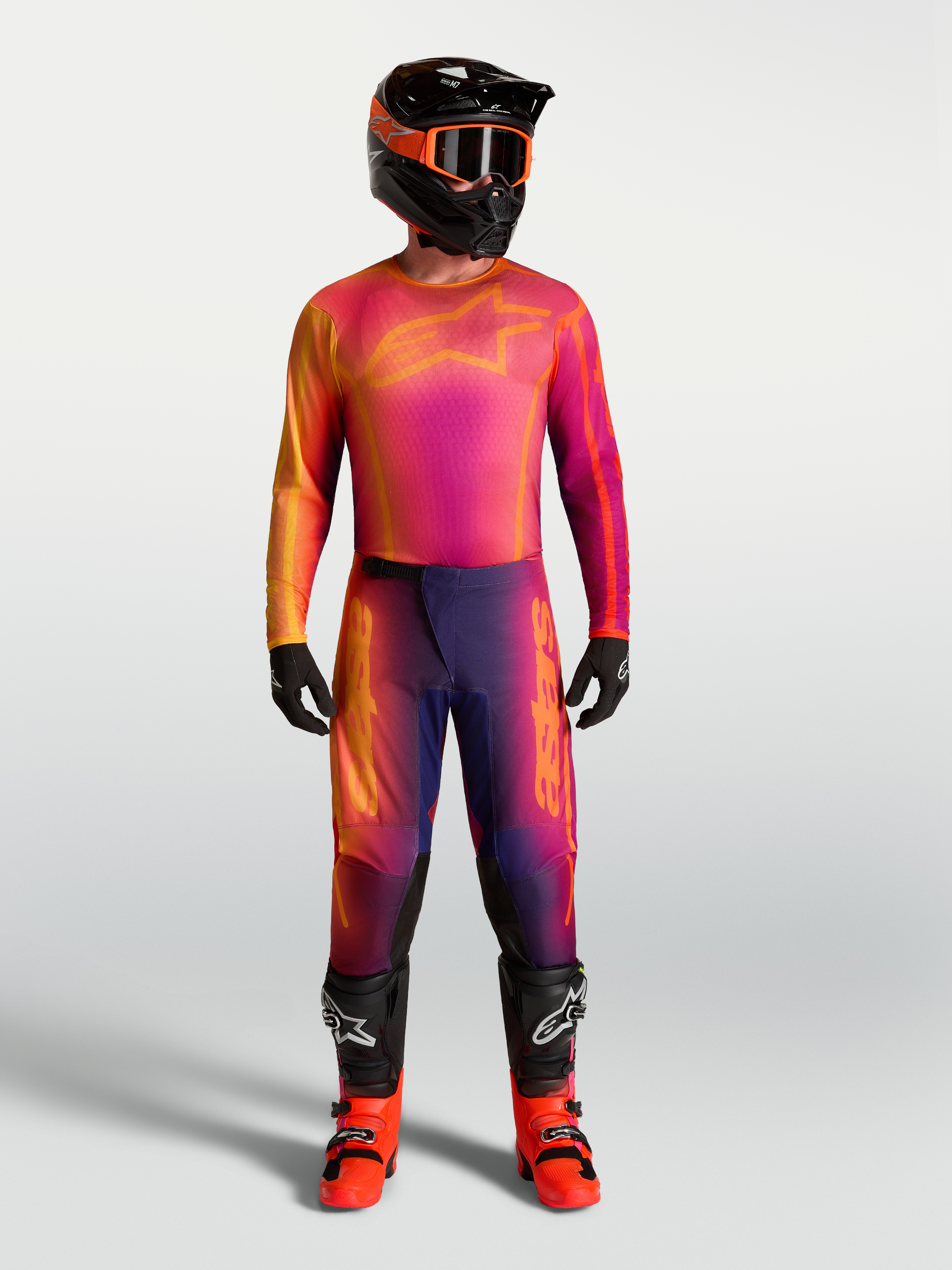 Tenue cross complète Alpinestars Fluid Kepler violet et orange maillot et pantalon vue d'ensemble