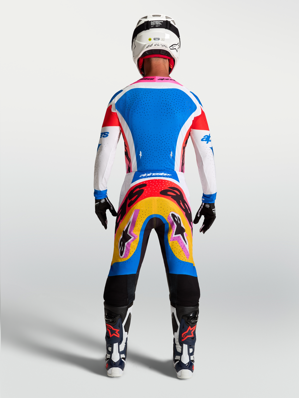 Tenue cross Alpinestars Supertech Dyna bleu et blanc vue de dos
