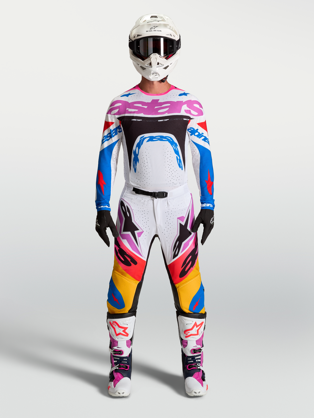 Tenue cross complète Alpinestars Supertech Dyna blanc et bleu vue d'ensemble