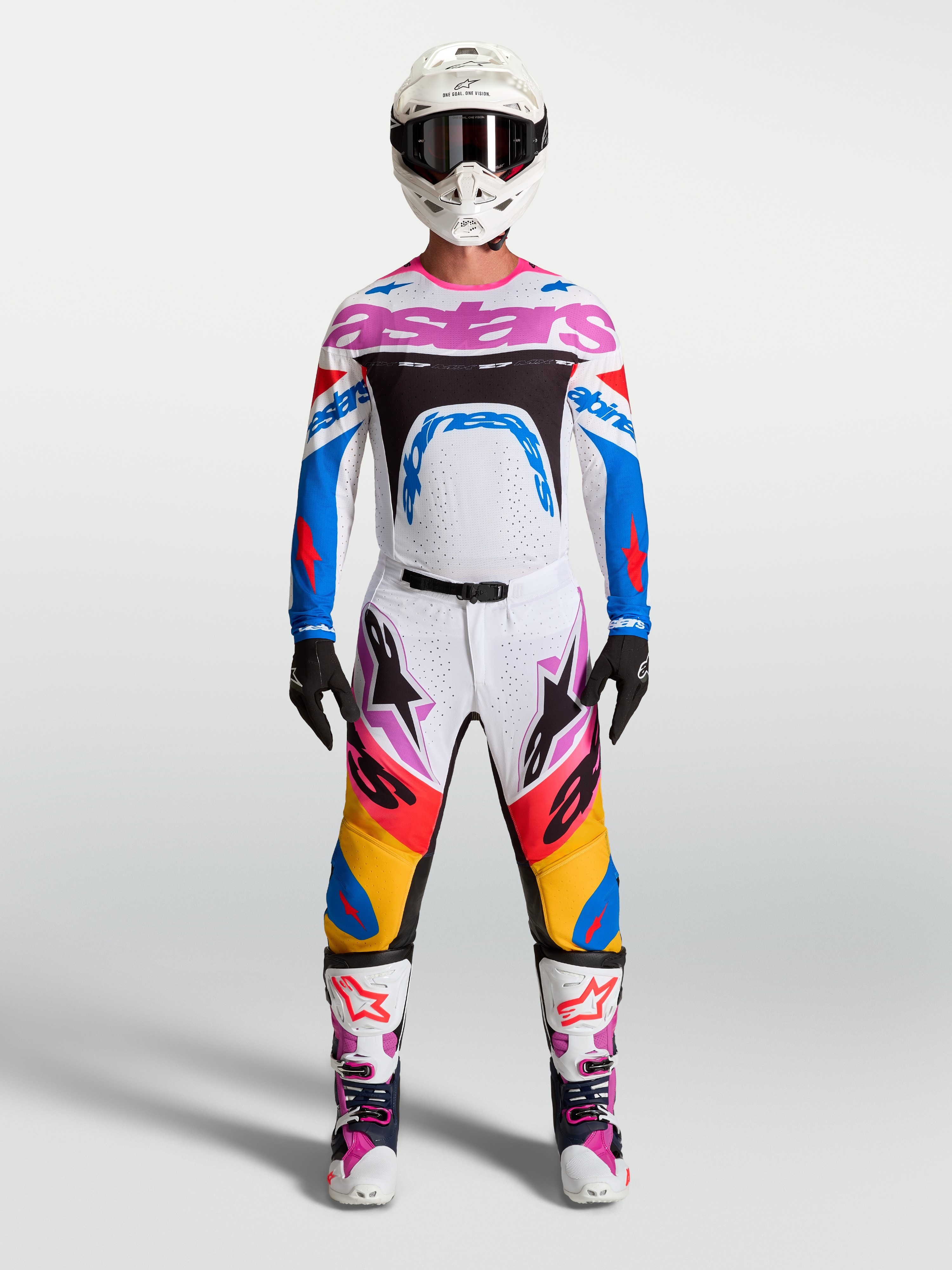 Tenue cross complète Alpinestars Supertech Dyna blanc et bleu vue d'ensemble