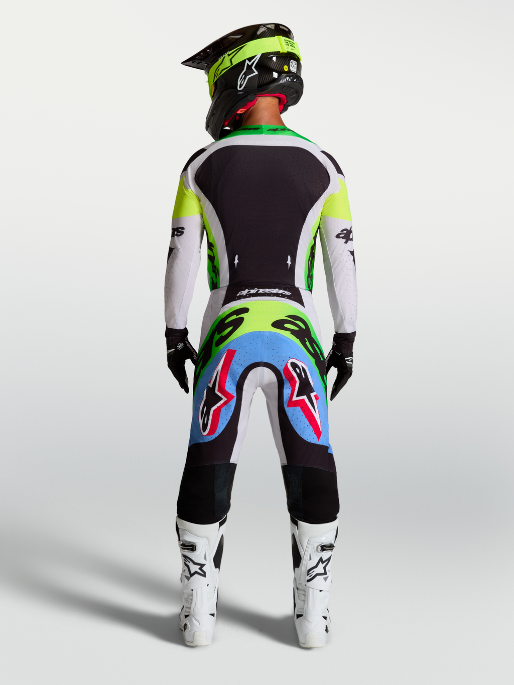 Tenue cross Alpinestars Supertech Dyna vert fluo et noir vue de dos
