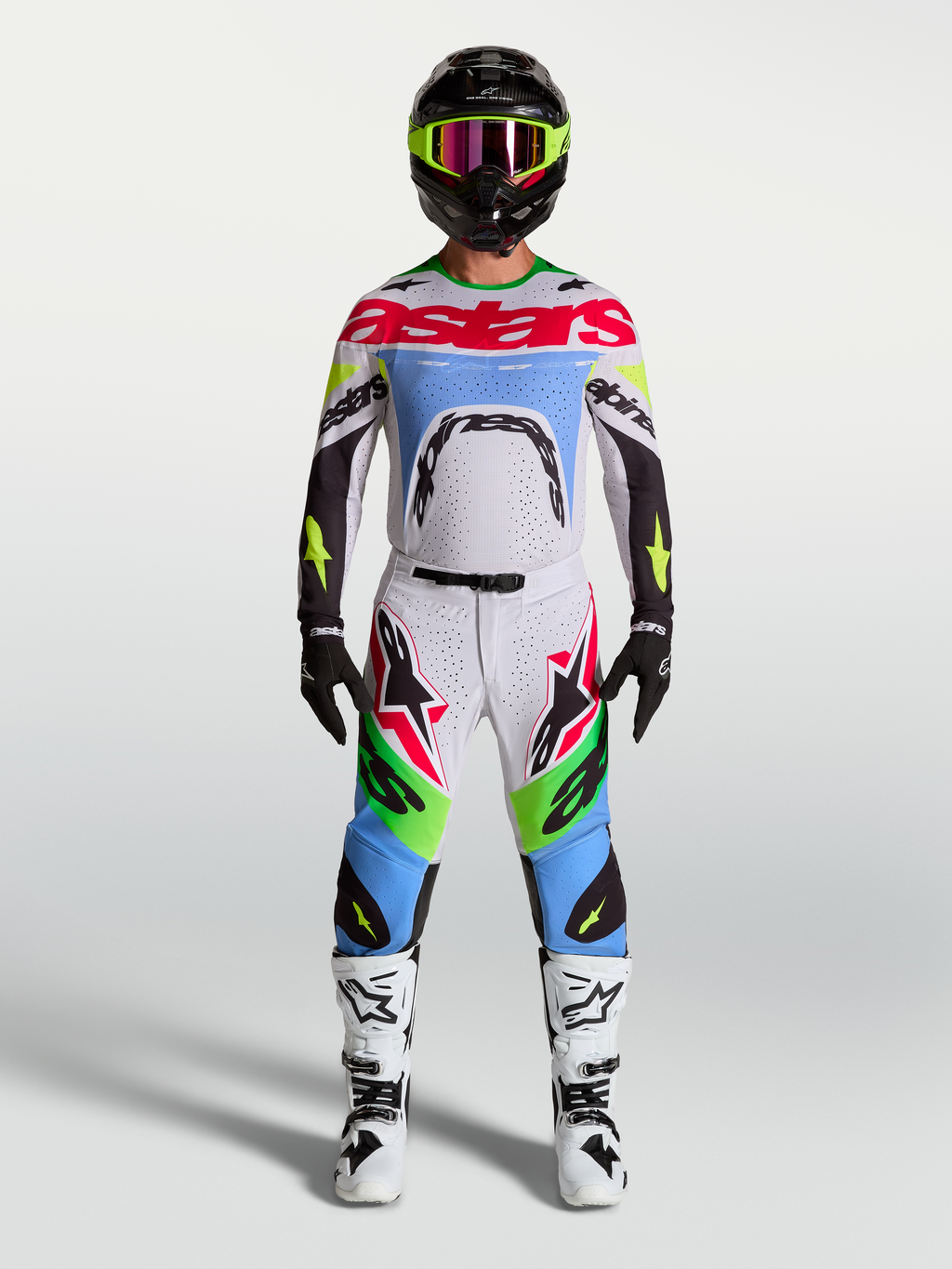Tenue cross complète Alpinestars Supertech Dyna blanc et vert fluo vue d'ensemble
