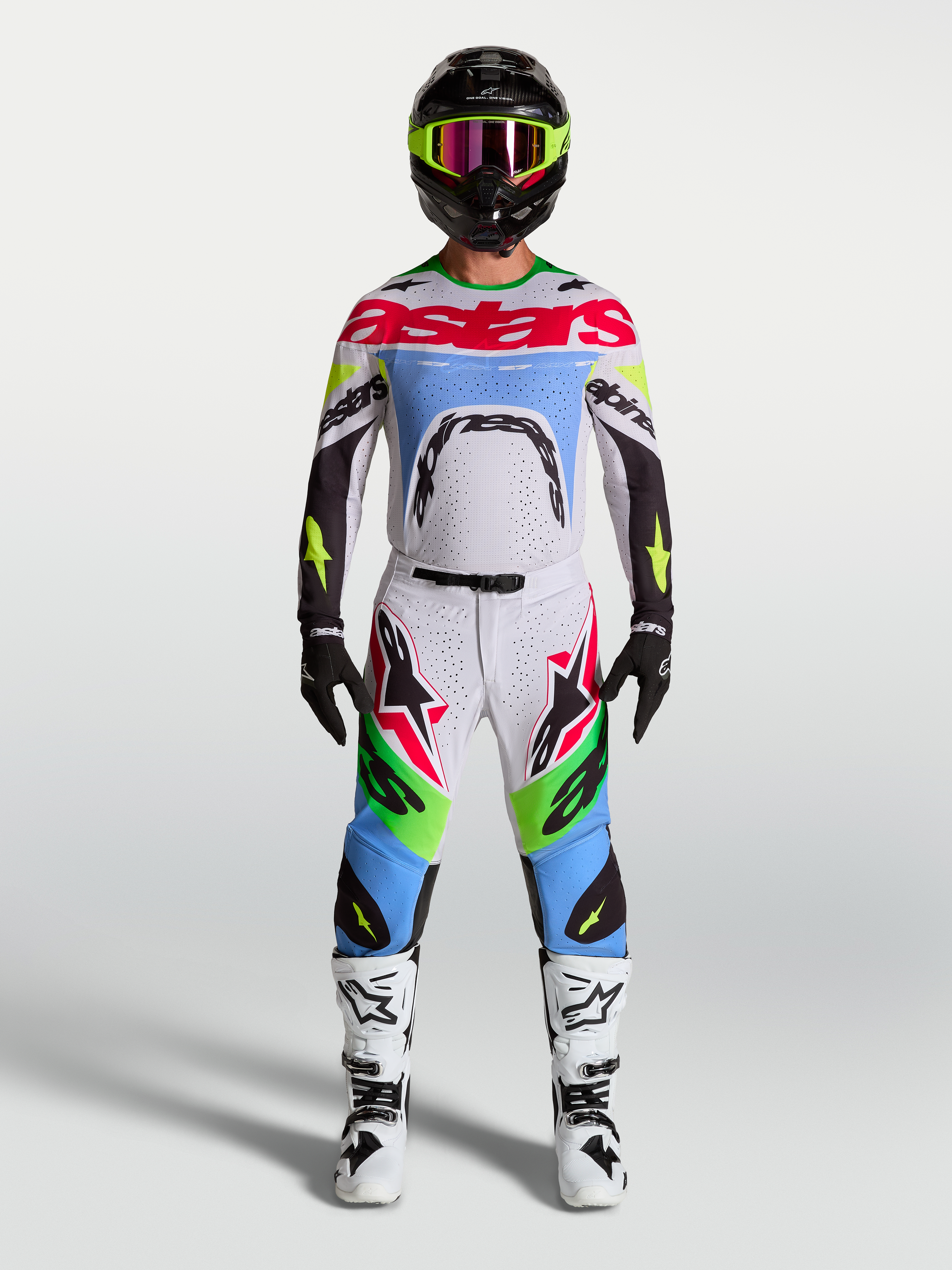 Tenue cross complète Alpinestars Supertech Dyna blanc et vert fluo vue d'ensemble