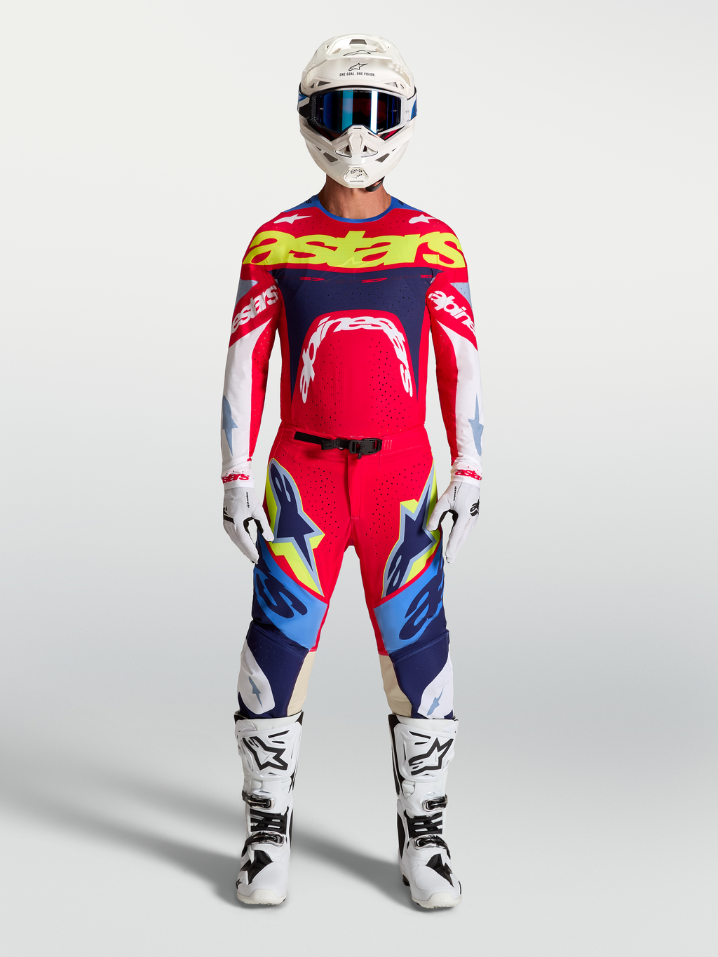 Tenue cross complète Alpinestars Supertech Dyna rouge et bleu marine vue d'ensemble