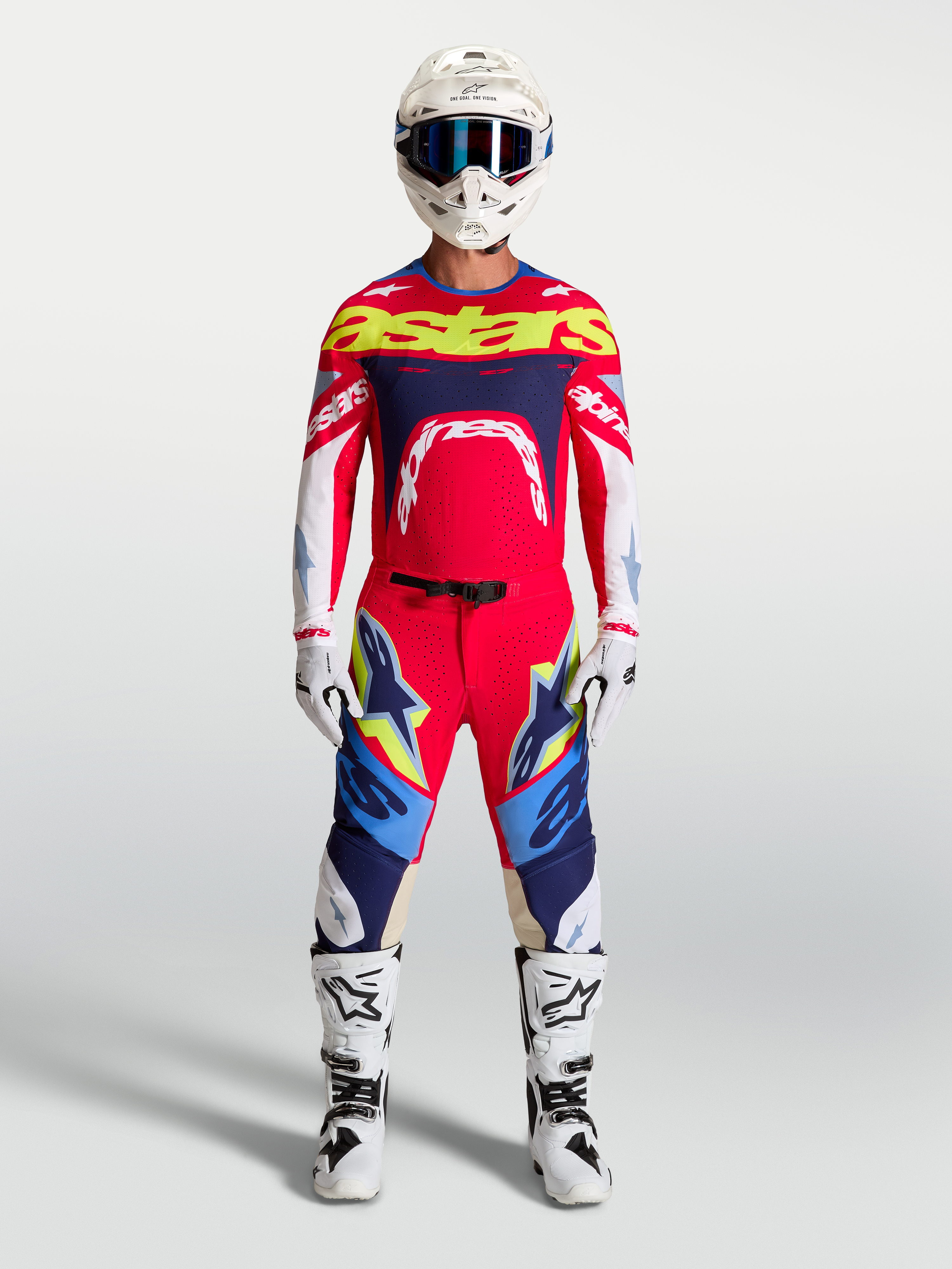 Tenue cross complète Alpinestars Supertech Dyna rouge et bleu marine vue d'ensemble