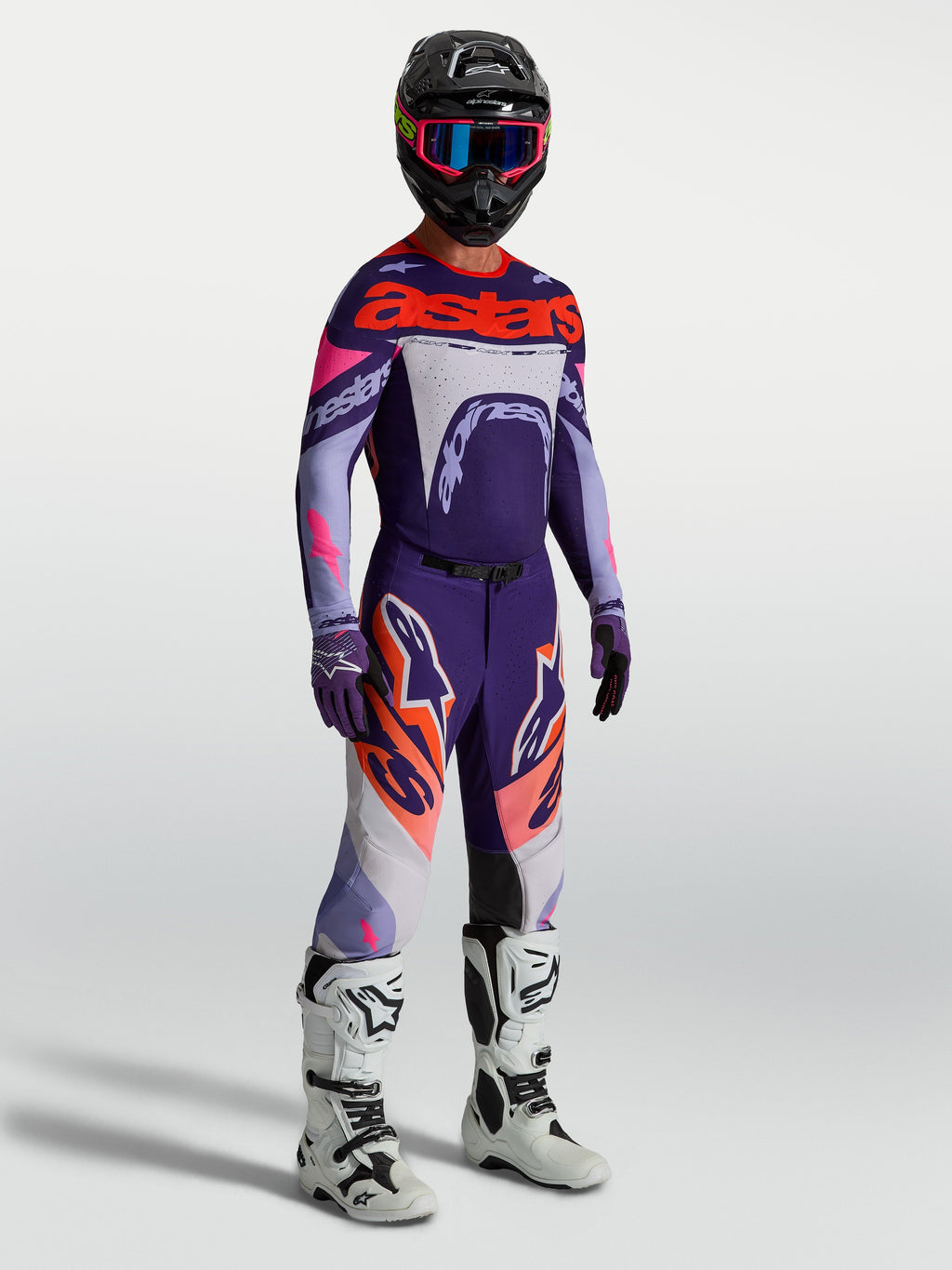 Tenue cross complète Alpinestars Supertech Dyna violet et rose fluo vue d'ensemble
