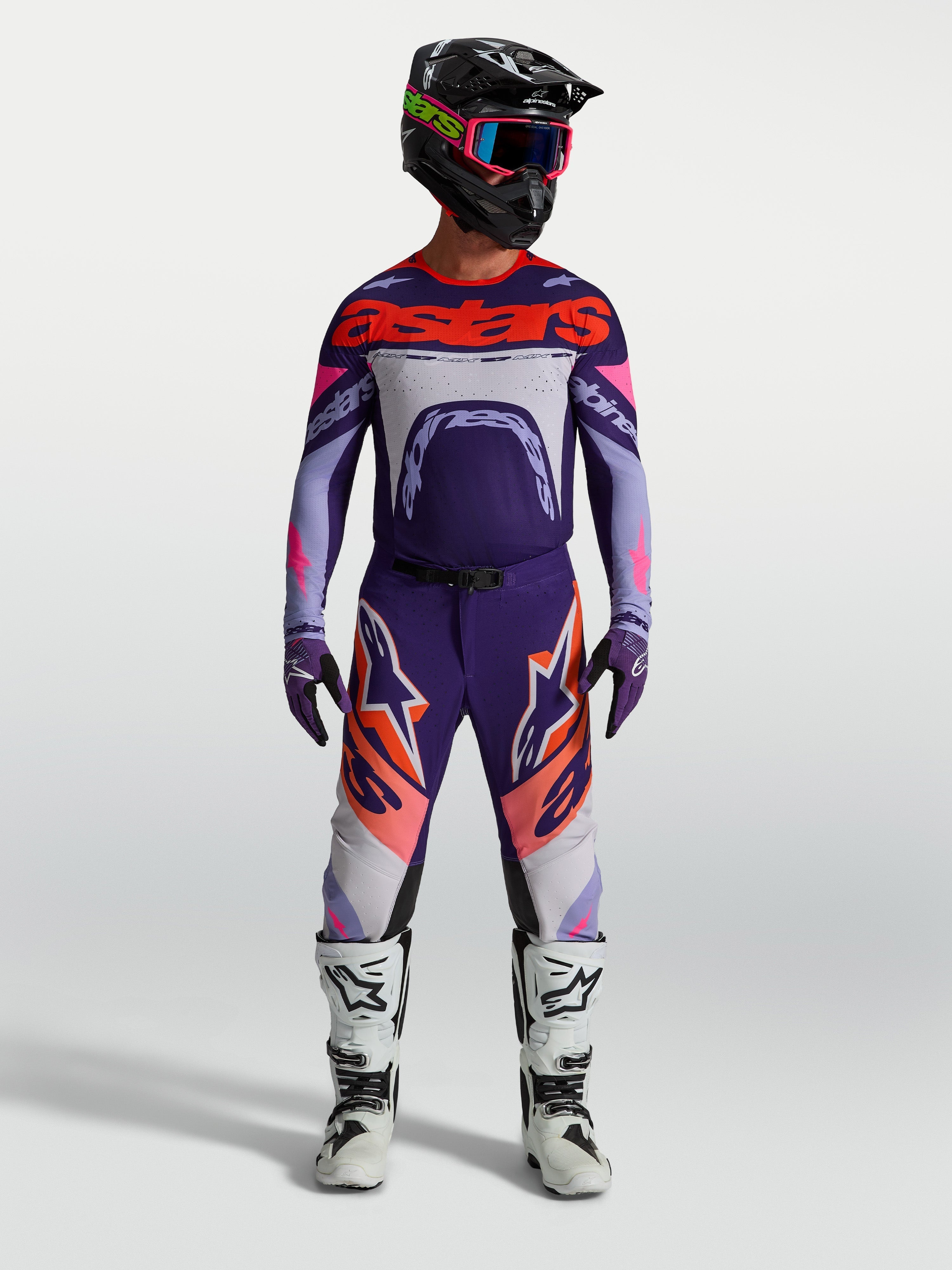 Tenue cross Alpinestars Supertech Dyna violet rose fluo vue de face