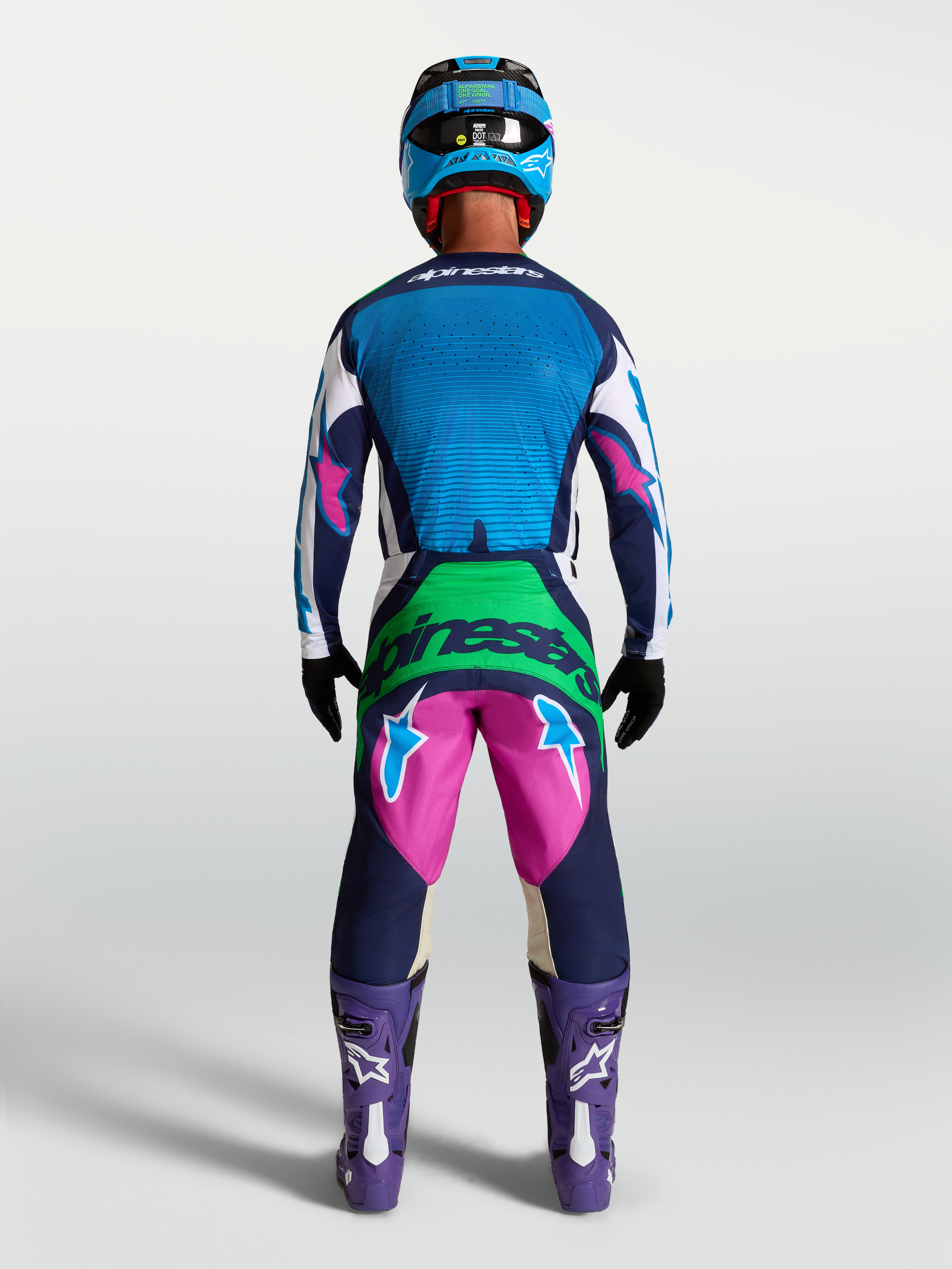 Tenue cross Alpinestars Techstar Maven bleu et rose vue de dos