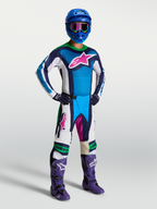 Tenue cross Alpinestars Techstar Maven bleu blanc vert fluo vue de face