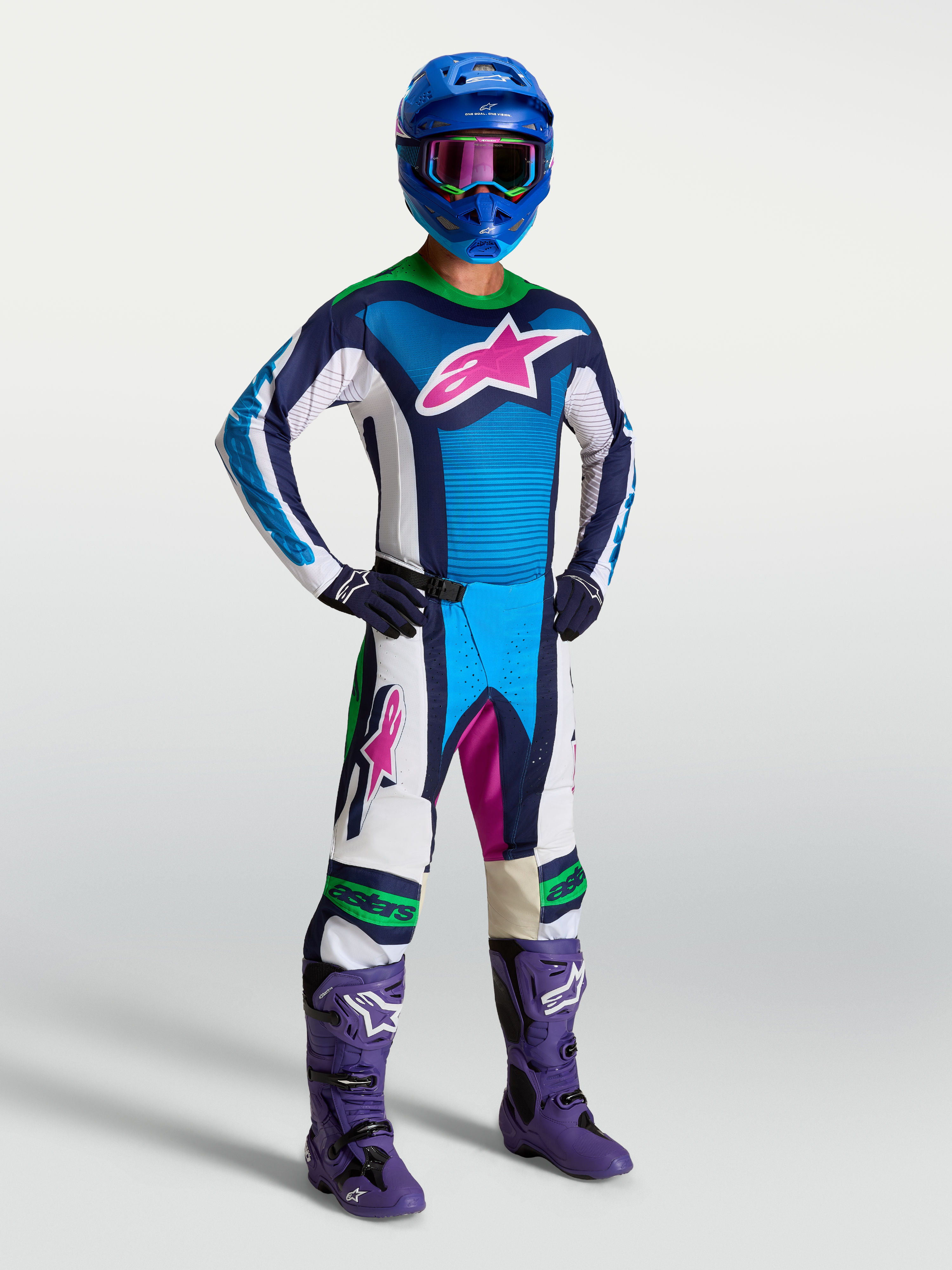 Tenue cross Alpinestars Techstar Maven bleu blanc vert fluo vue de face