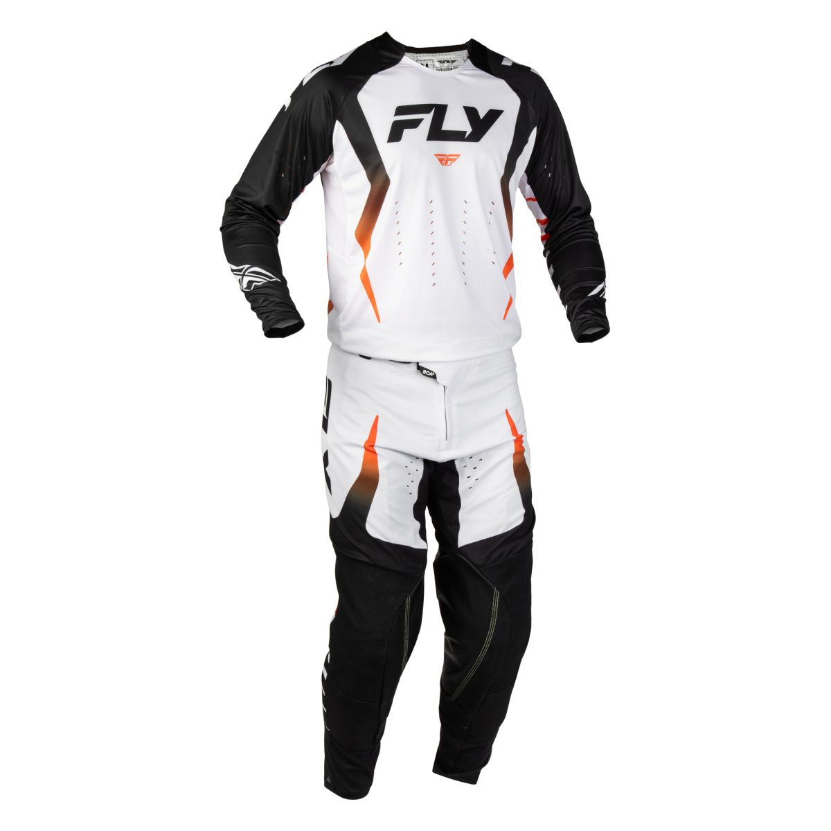 Tenue cross Fly Racing Evolution DST Bolt 2027 Blanc Noir Orange portée - maillot et pantalon