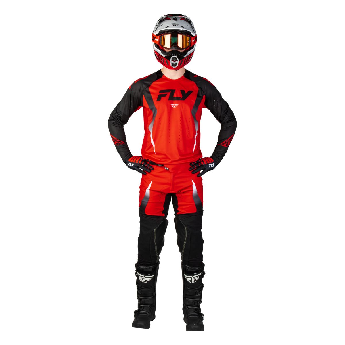 Tenue cross Fly Racing Evolution DST Bolt 2027 Rouge Noir Blanc portée - maillot et pantalon