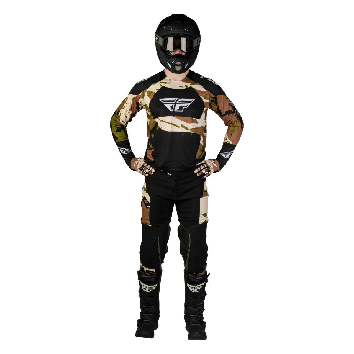 Tenue cross Fly Racing Evolution DST Hunt 2027 Noir Camouflage portée - maillot et pantalon