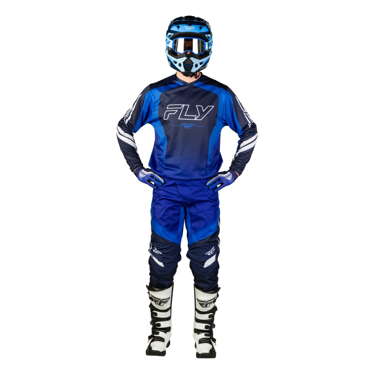 Tenue cross Fly Racing F-16 Raze 2027 Bleu Blanc portée - maillot et pantalon