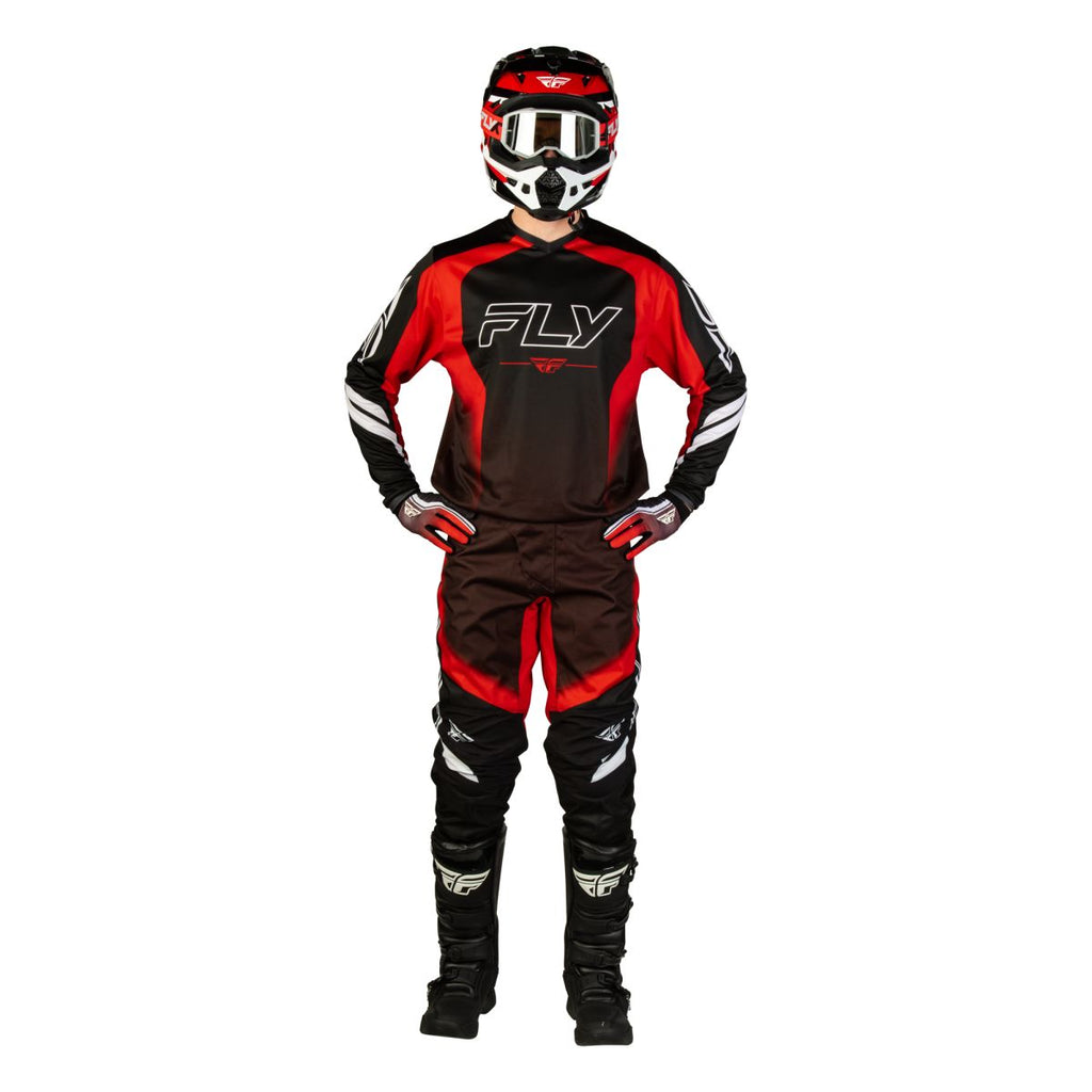 Tenue cross Fly Racing F-16 Raze 2027 Noir Rouge Blanc portée - maillot et pantalon