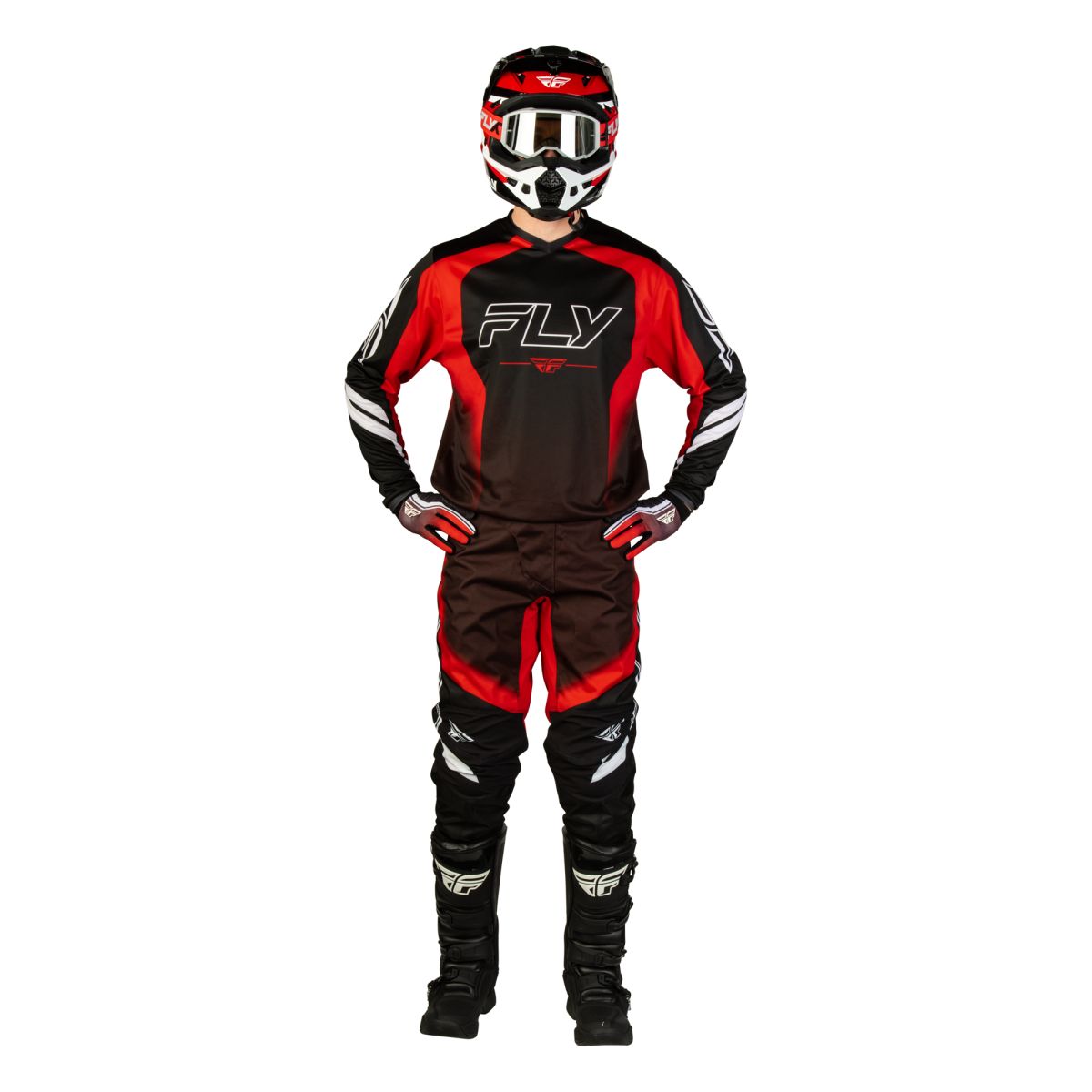 Tenue cross Fly Racing F-16 Raze 2027 Noir Rouge Blanc portée - maillot et pantalon