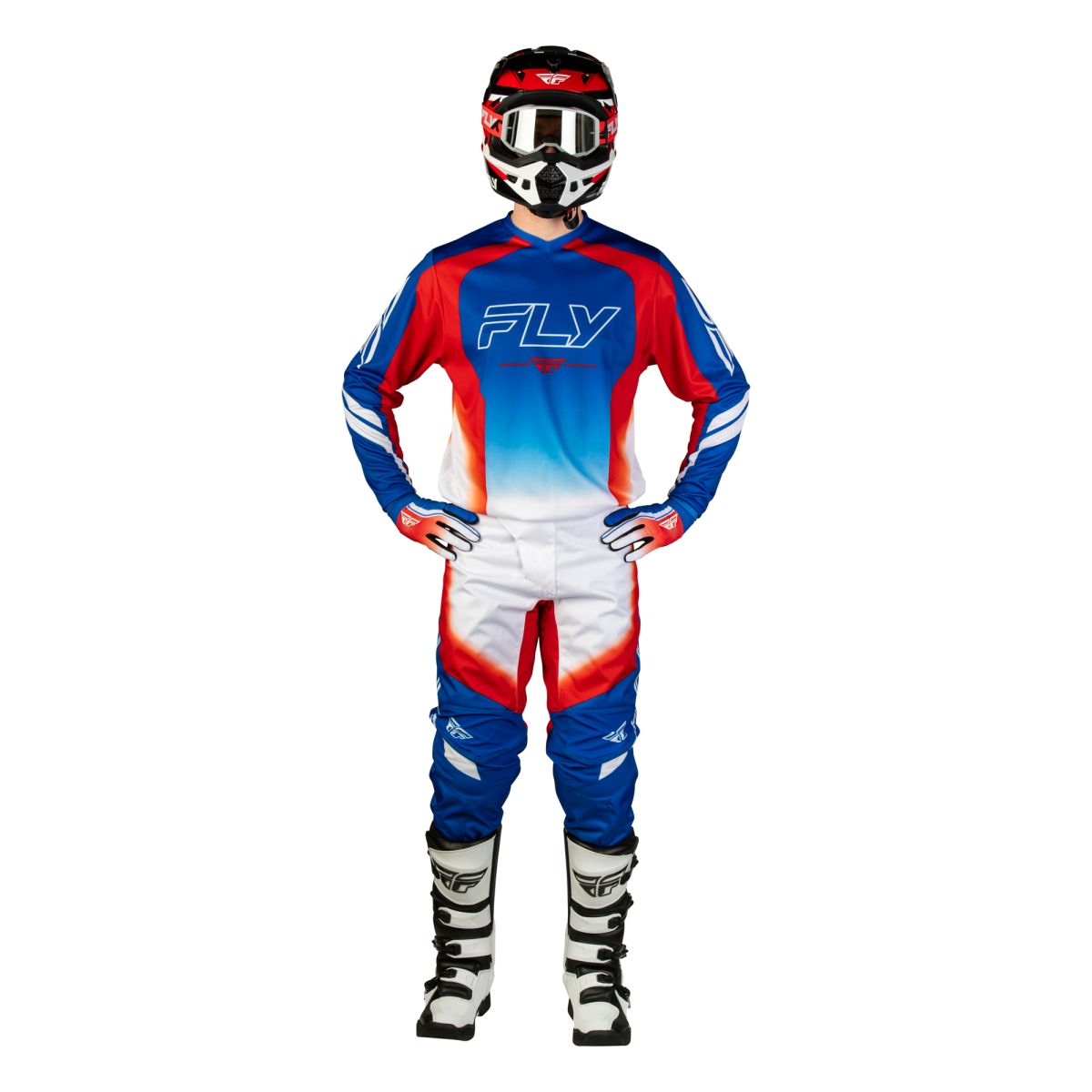 Tenue cross Fly Racing F-16 Raze 2027 Rouge Blanc Bleu portée - maillot et pantalon