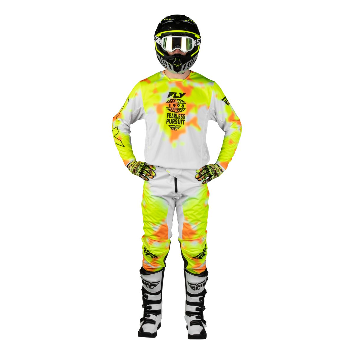 Tenue cross Fly Racing Kinetic Blur 2027 Blanc Jaune fluo Orange portée - maillot et pantalon
