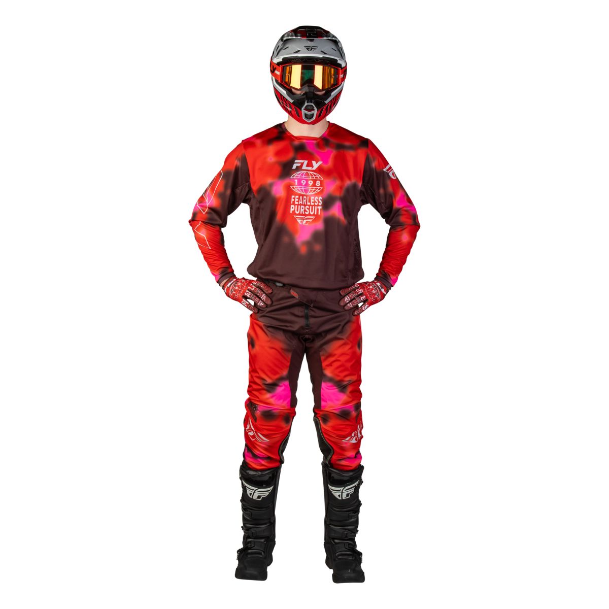 Tenue cross Fly Racing Kinetic Blur 2027 Rouge Bordeaux portée - maillot et pantalon