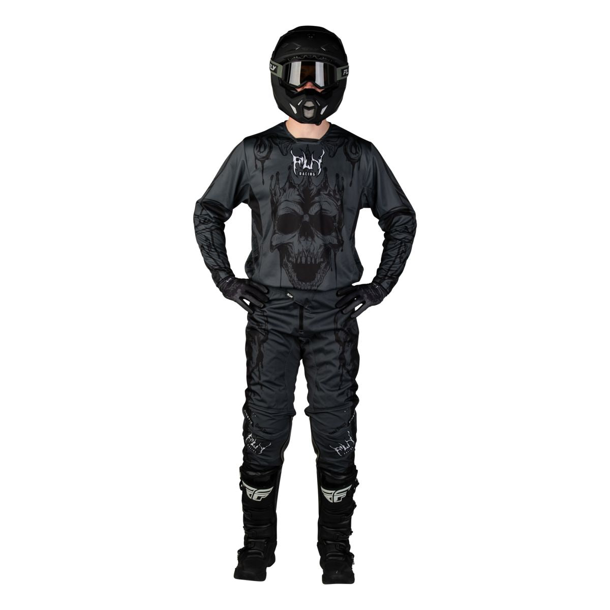 Tenue cross Fly Racing Kinetic Dark Series 2027 Gris Noir portée - maillot et pantalon