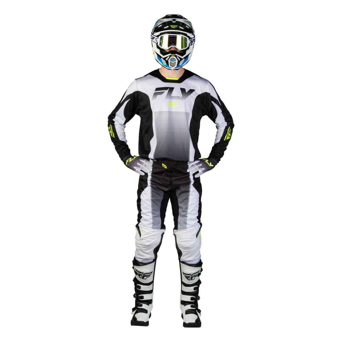 Tenue cross Fly Racing Kinetic Fade 2027 Blanc Noir Jaune fluo portée - maillot et pantalon