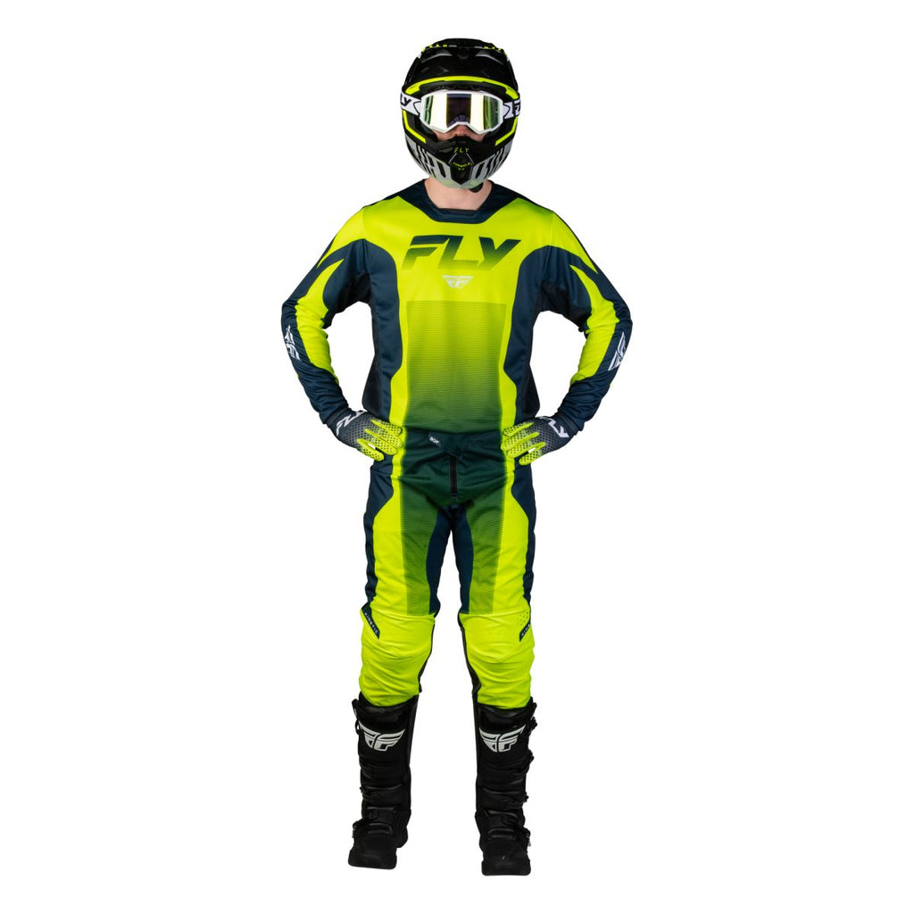 Tenue cross Fly Racing Kinetic Fade 2027 Jaune fluo Bleu Blanc portée - maillot et pantalon