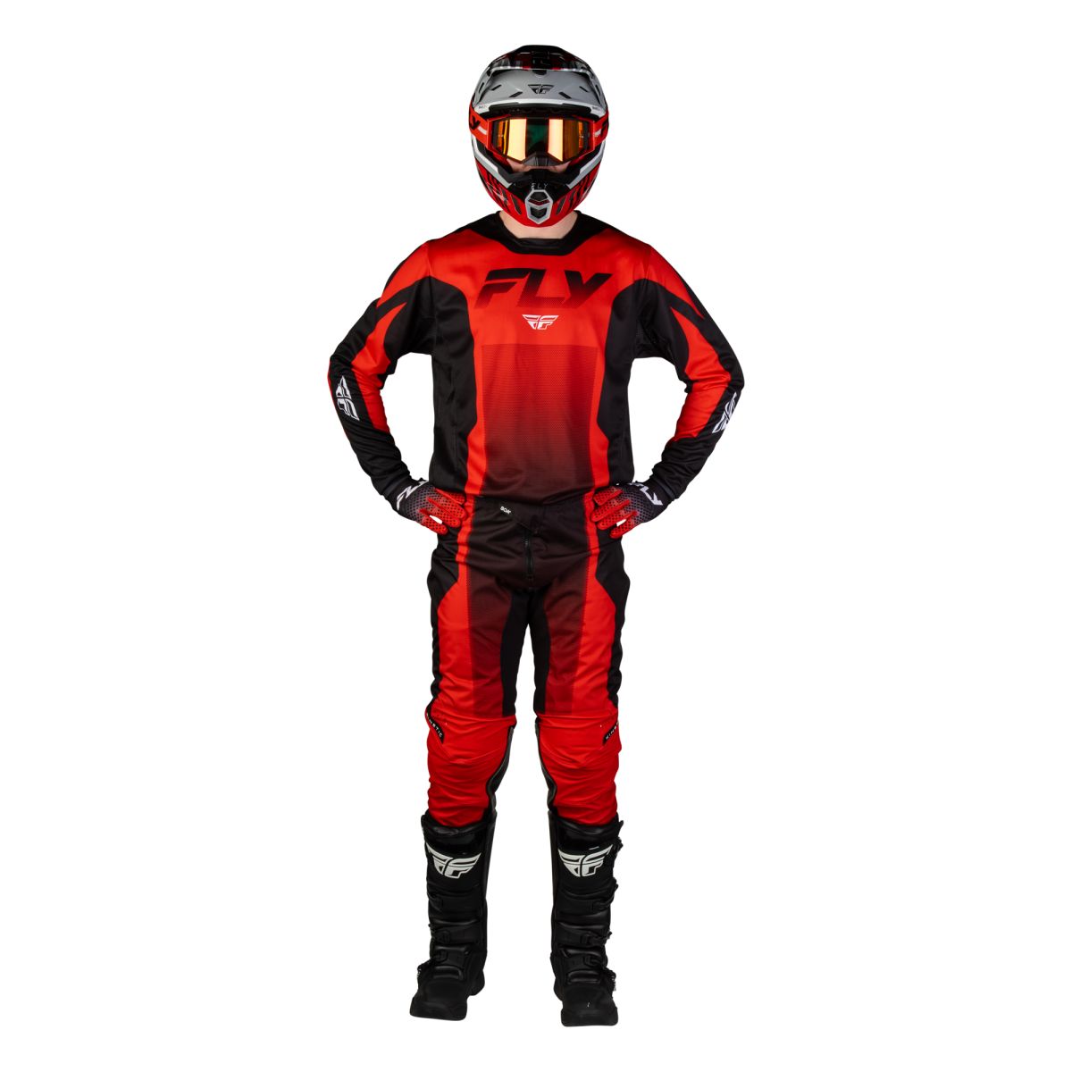 Tenue cross Fly Racing Kinetic Fade 2027 Rouge Noir Blanc portée - maillot et pantalon
