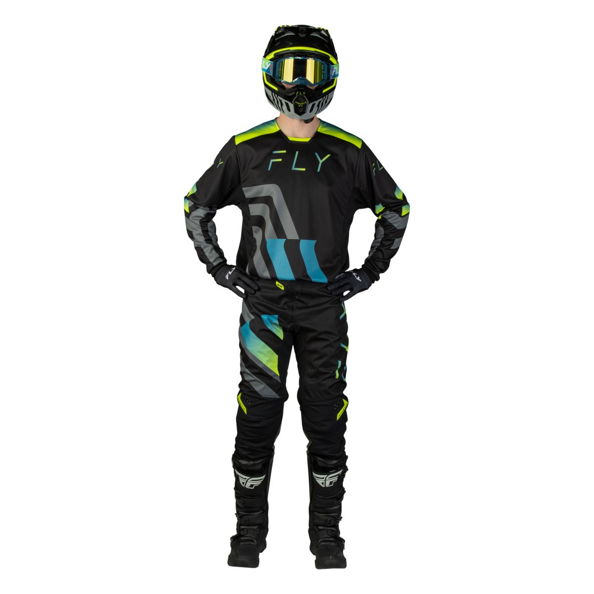 Tenue cross Fly Racing Kinetic Volt 2027 Noir Gris Turquoise Jaune portée - maillot et pantalon