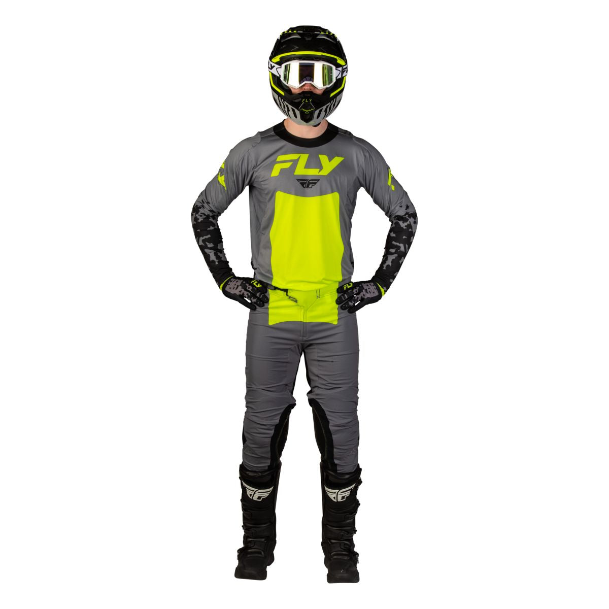 Tenue cross Fly Racing Lite Flake 2027 Gris Jaune fluo Noir portée - maillot et pantalon